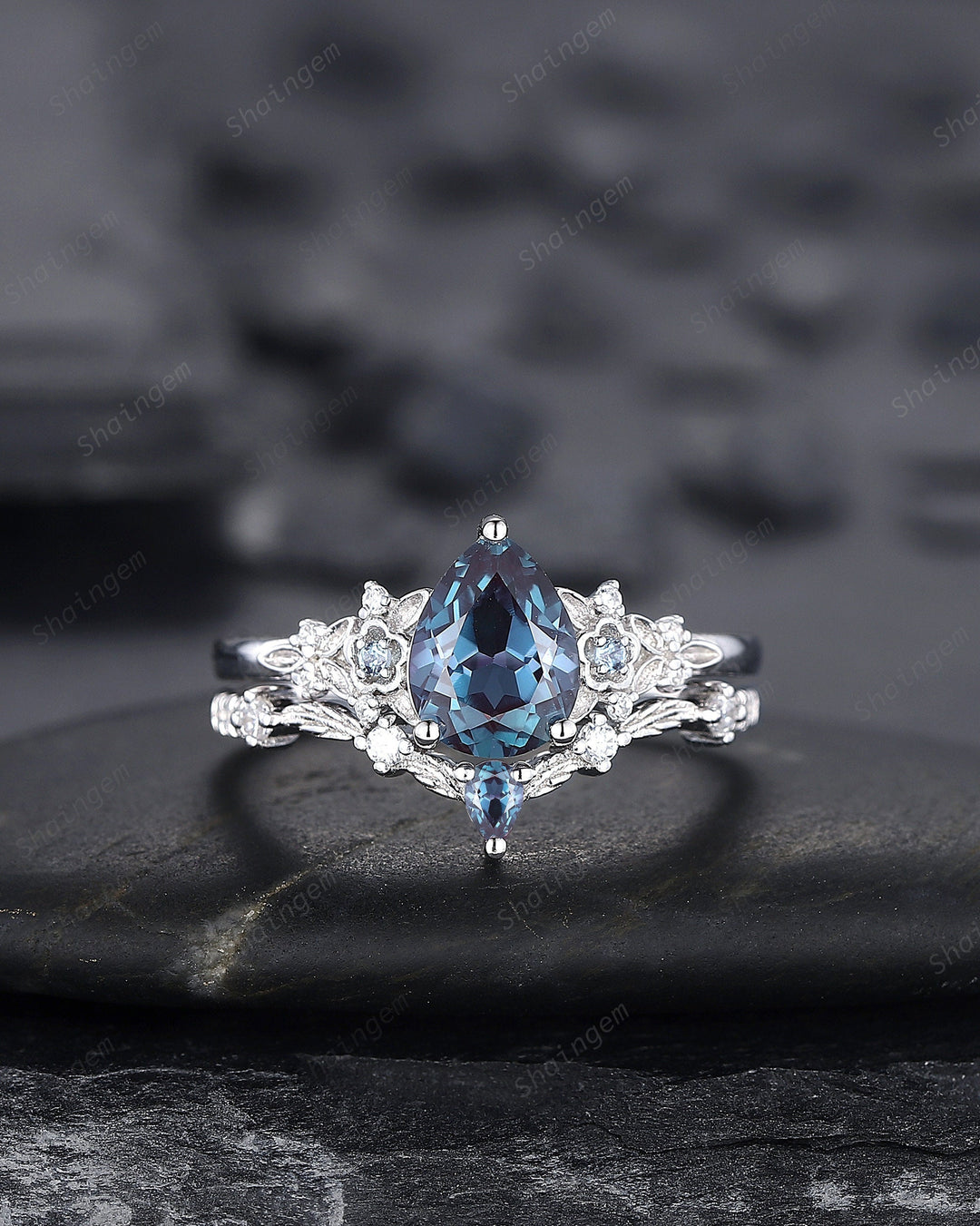 Pear Shape Alexandrite Engagement Ring Set, Solid White Gold Floral Alexandrite Promise Ring, Nature Inspired Bridal Set Gift For Women - ShainJewelry