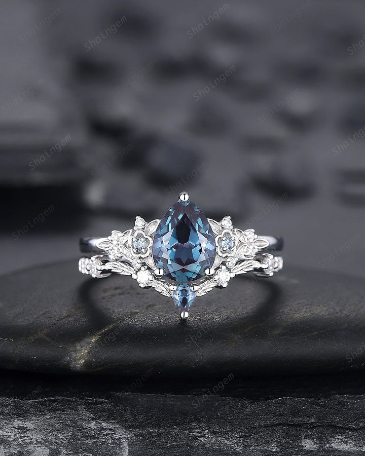 Pear Shape Alexandrite Engagement Ring Set, Solid White Gold Floral Alexandrite Promise Ring, Nature Inspired Bridal Set Gift For Women - ShainJewelry