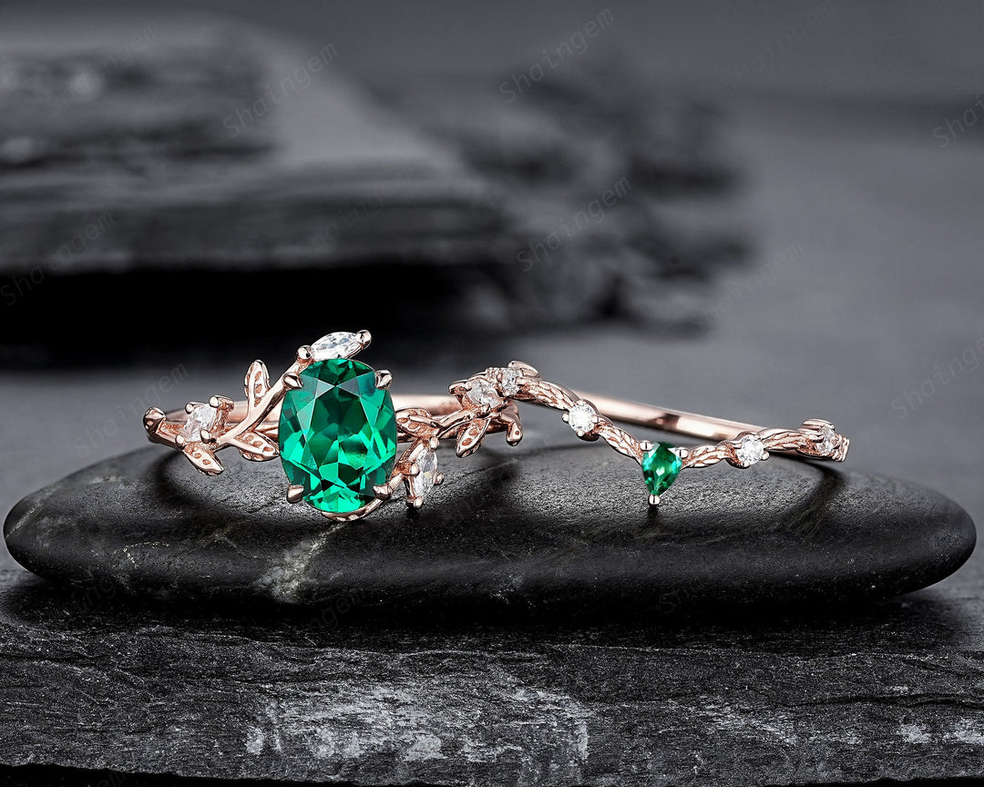 Nature Inspired Emerald Leaf Engagement Ring Set, Rose Gold Oval Shape Emerald Vine Wedding Set, Twig Branch Promise Ring, May Birthstone - ShainJewelry