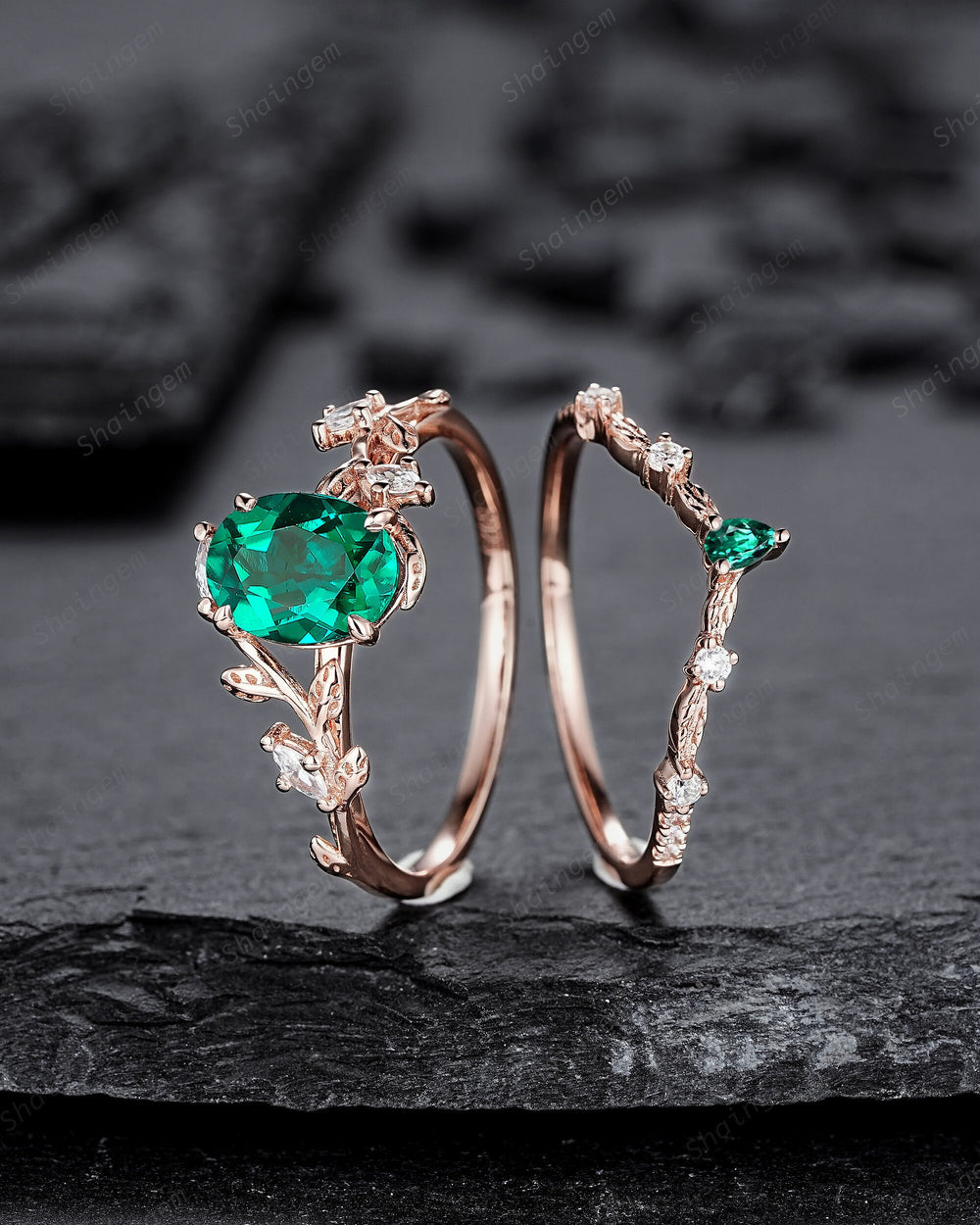Nature Inspired Emerald Leaf Engagement Ring Set, Rose Gold Oval Shape Emerald Vine Wedding Set, Twig Branch Promise Ring, May Birthstone - ShainJewelry