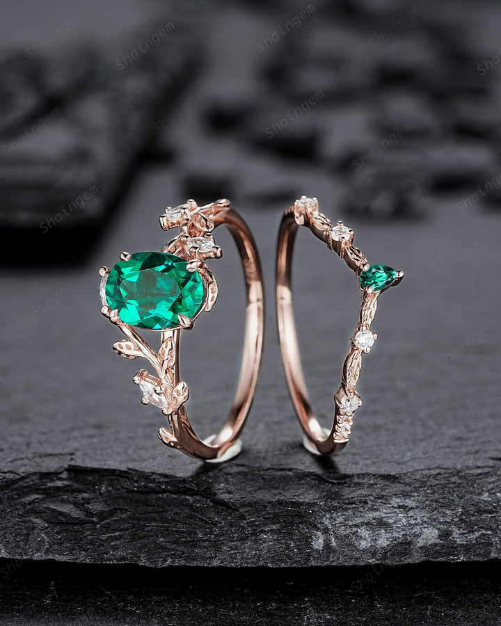 Nature Inspired Emerald Leaf Engagement Ring Set, Rose Gold Oval Shape Emerald Vine Wedding Set, Twig Branch Promise Ring, May Birthstone - ShainJewelry