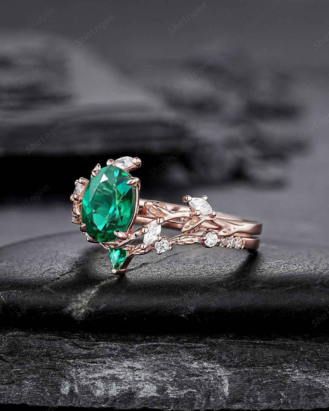 Nature Inspired Emerald Leaf Engagement Ring Set, Rose Gold Oval Shape Emerald Vine Wedding Set, Twig Branch Promise Ring, May Birthstone - ShainJewelry
