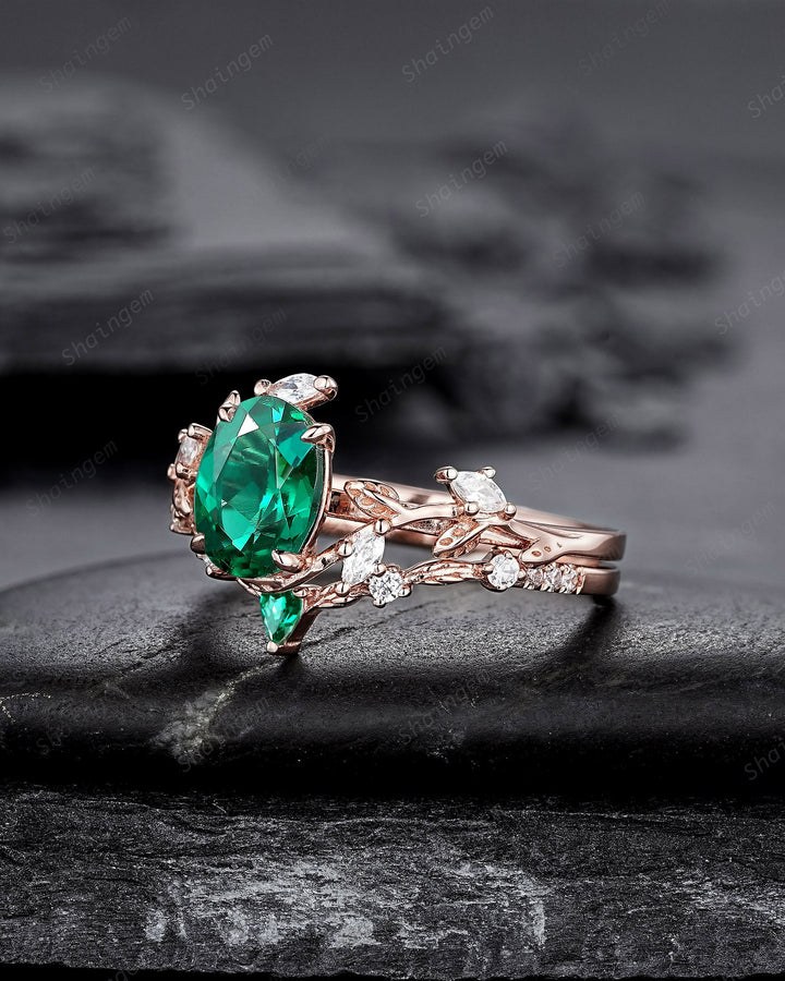 Nature Inspired Emerald Leaf Engagement Ring Set, Rose Gold Oval Shape Emerald Vine Wedding Set, Twig Branch Promise Ring, May Birthstone - ShainJewelry