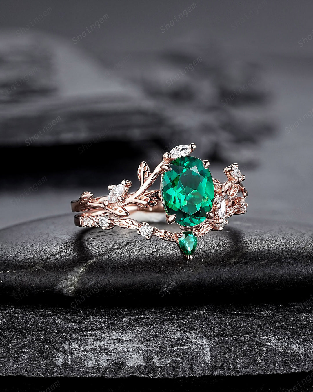 Nature Inspired Emerald Leaf Engagement Ring Set, Rose Gold Oval Shape Emerald Vine Wedding Set, Twig Branch Promise Ring, May Birthstone - ShainJewelry