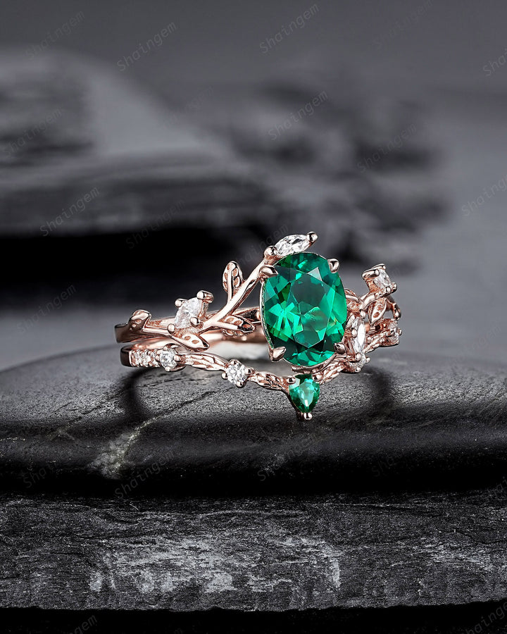 Nature Inspired Emerald Leaf Engagement Ring Set, Rose Gold Oval Shape Emerald Vine Wedding Set, Twig Branch Promise Ring, May Birthstone - ShainJewelry