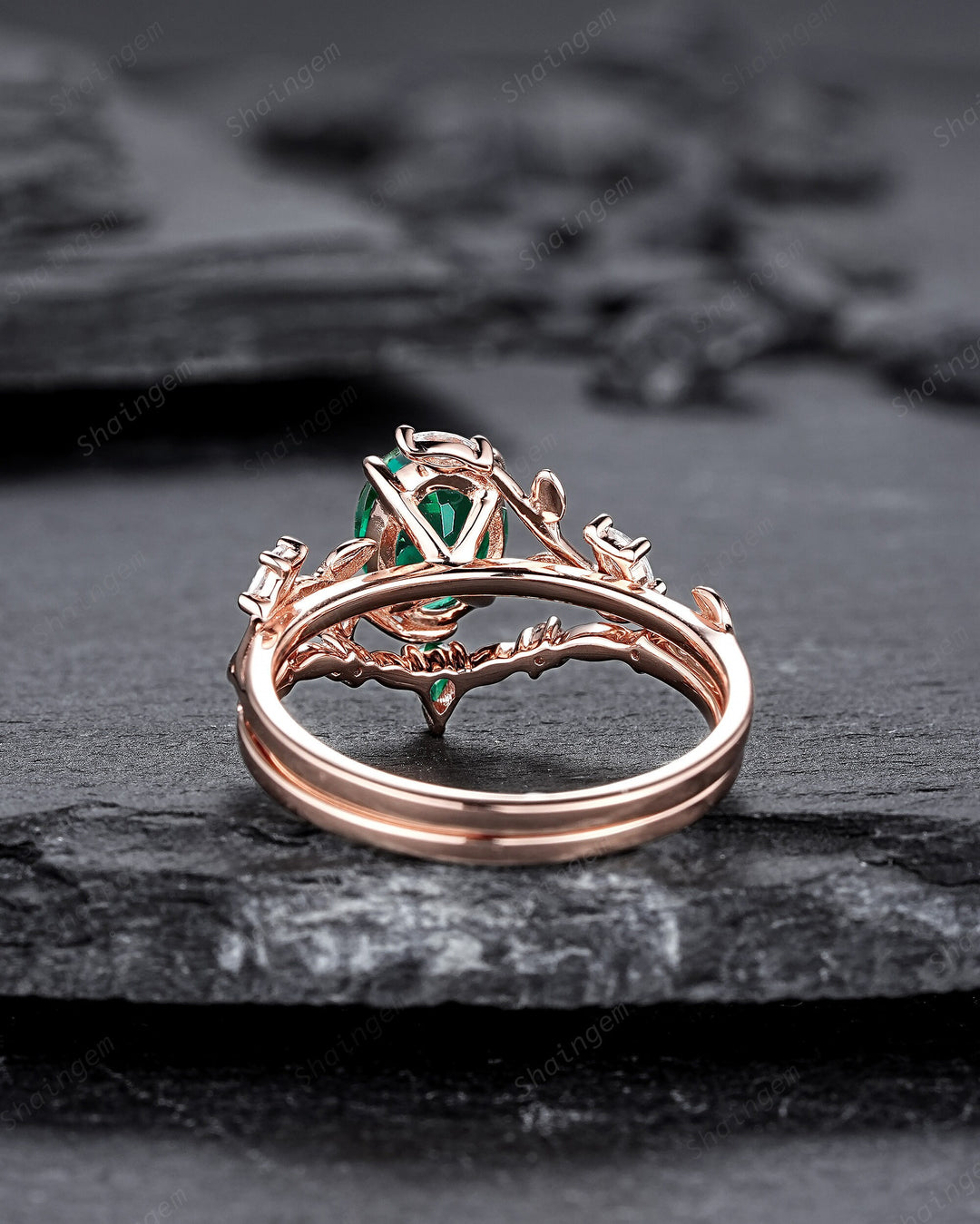 Nature Inspired Emerald Leaf Engagement Ring Set, Rose Gold Oval Shape Emerald Vine Wedding Set, Twig Branch Promise Ring, May Birthstone - ShainJewelry