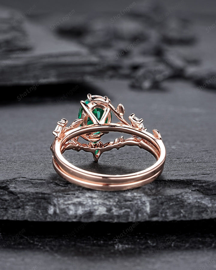 Nature Inspired Emerald Leaf Engagement Ring Set, Rose Gold Oval Shape Emerald Vine Wedding Set, Twig Branch Promise Ring, May Birthstone - ShainJewelry