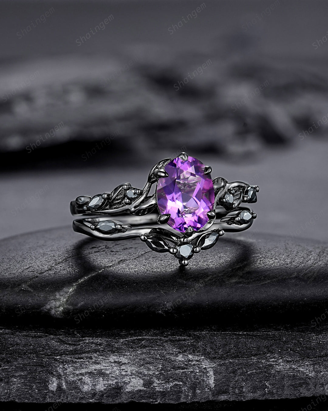Gothic Oval Shape Amethyst Black Vine Engagement Ring Set, Black Gold Leaf Promise Ring Set, Rhodium Black Moissanite Twig Branch Ring Gift - ShainJewelry