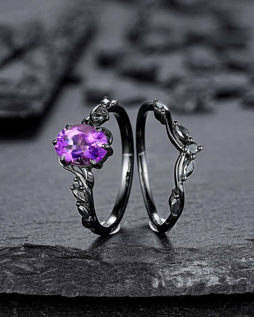Gothic Oval Shape Amethyst Black Vine Engagement Ring Set, Black Gold Leaf Promise Ring Set, Rhodium Black Moissanite Twig Branch Ring Gift - ShainJewelry