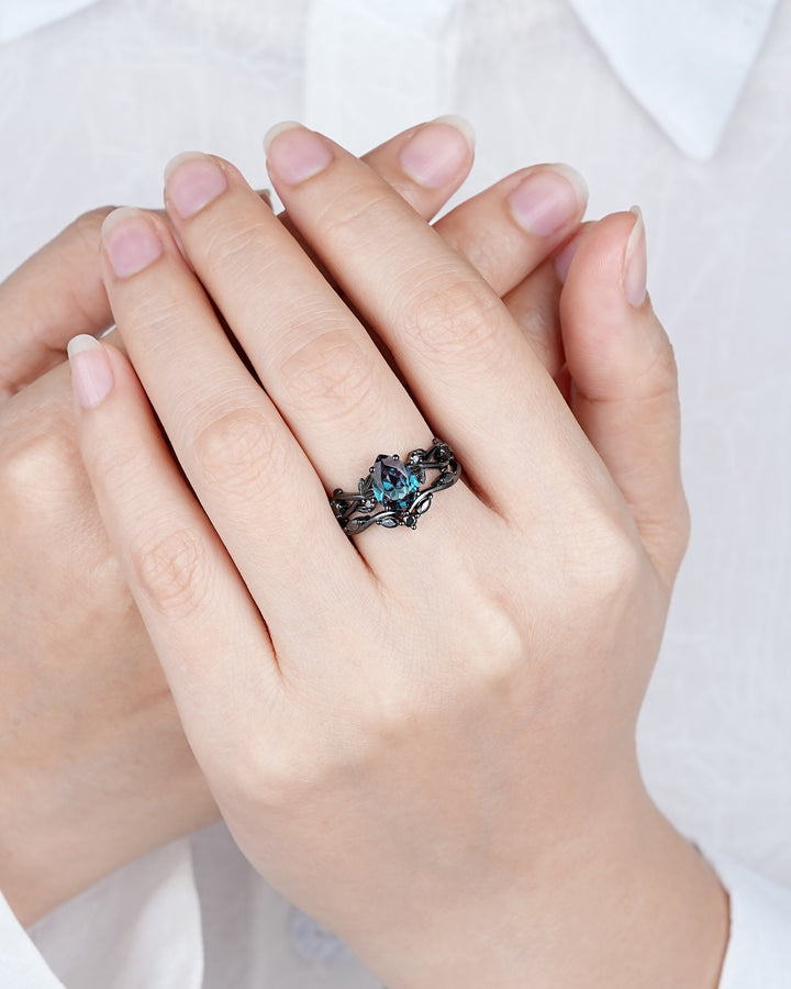 Gothic Black Gold Pear Shape Alexandrite Leaf Engagement Ring Set, Black Vine Promise Ring, Unique Rhodium Black Witchy Twig Branch Ring - ShainJewelry