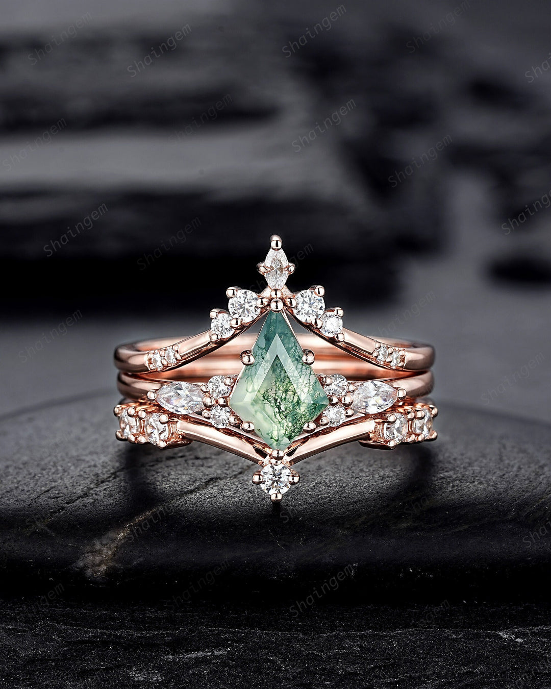3PCS Vintage Kite Cut Moss Agate Engagement Ring Set, Unique V Shape 14K Rose Gold Promise Ring, Agate Bridal Set Wedding Ring Gift for her - ShainJewelry