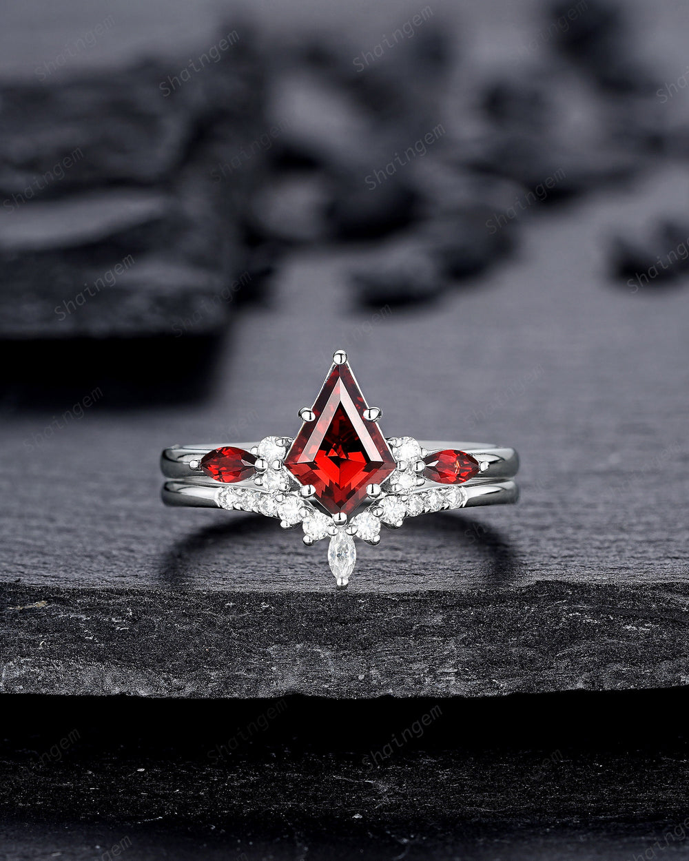Platinum Kite Cut Garnet and Diamond Engagement Ring Set, Unique 14K 18K White Gold Promise Ring, 925 Sterling Silver Wedding Ring for Women - ShainJewelry