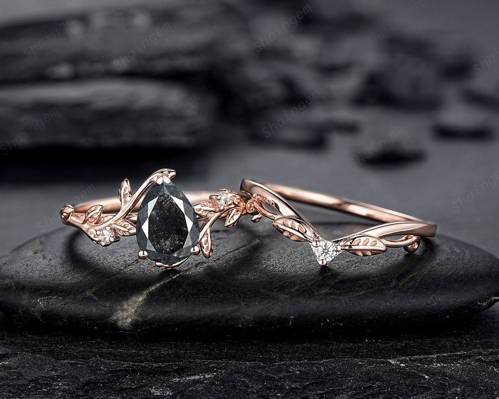Pear Shape Natural Salt and Pepper Diamond Vine Engagement Ring Set, Rose Gold Black Diamond Twig Branch Promise Ring, Leaf Annivesary Ring - ShainJewelry