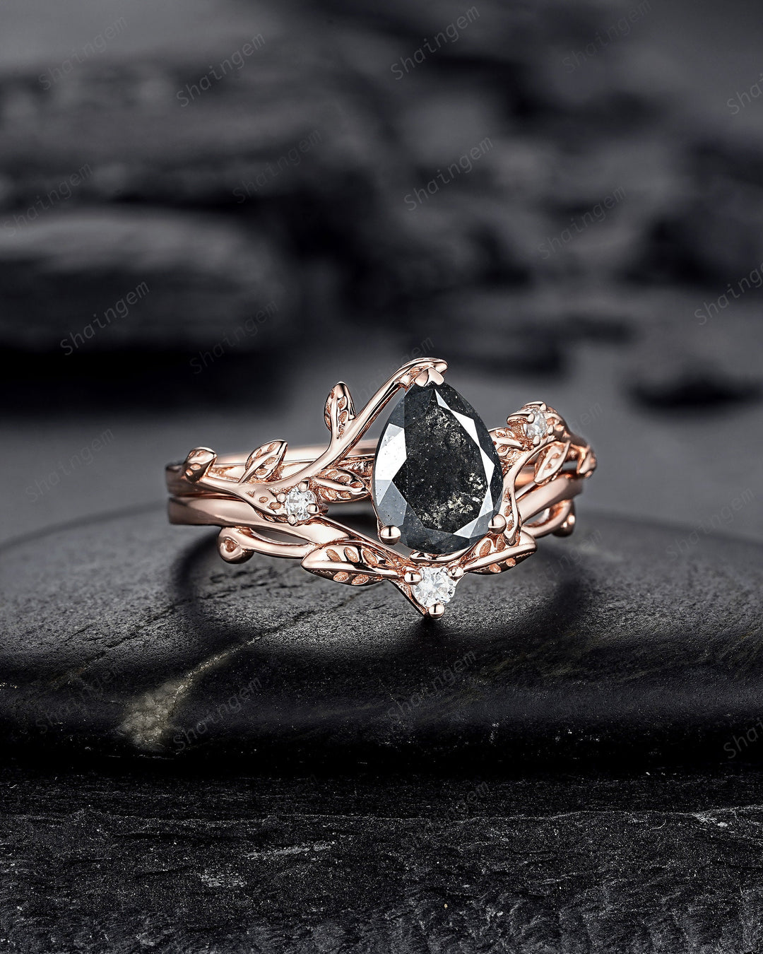 Pear Shape Natural Salt and Pepper Diamond Vine Engagement Ring Set, Rose Gold Black Diamond Twig Branch Promise Ring, Leaf Annivesary Ring - ShainJewelry