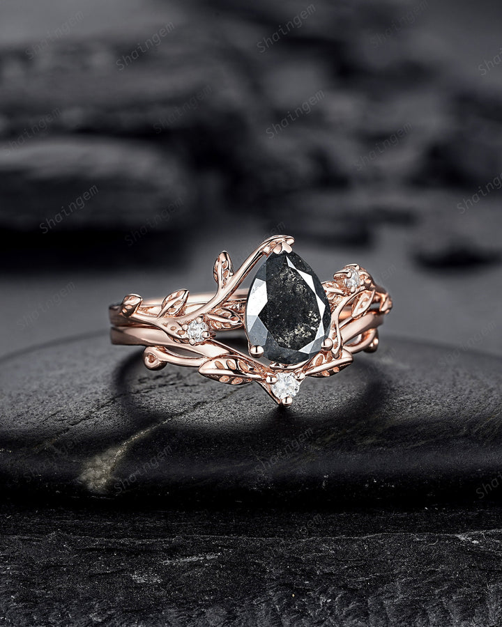Pear Shape Natural Salt and Pepper Diamond Vine Engagement Ring Set, Rose Gold Black Diamond Twig Branch Promise Ring, Leaf Annivesary Ring - ShainJewelry
