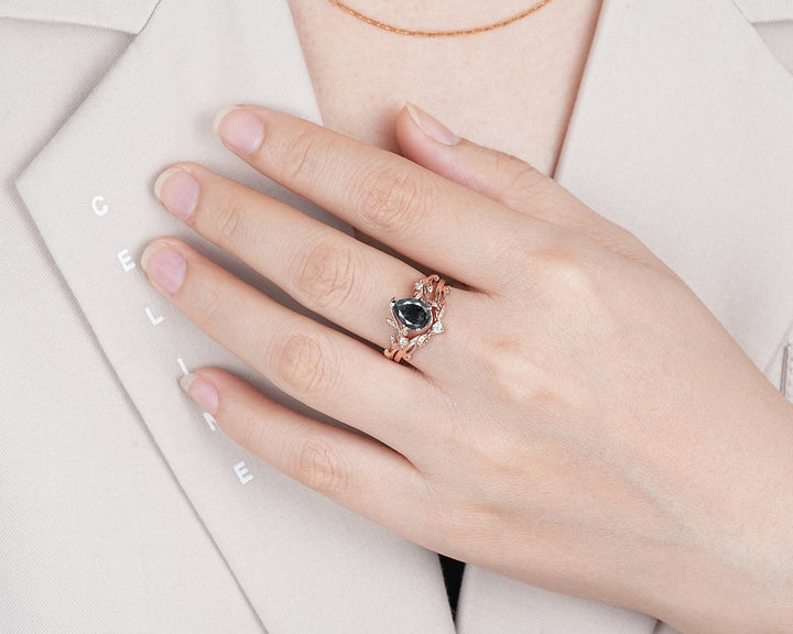 Pear Shape Natural Salt and Pepper Diamond Vine Engagement Ring Set, Rose Gold Black Diamond Twig Branch Promise Ring, Leaf Annivesary Ring - ShainJewelry