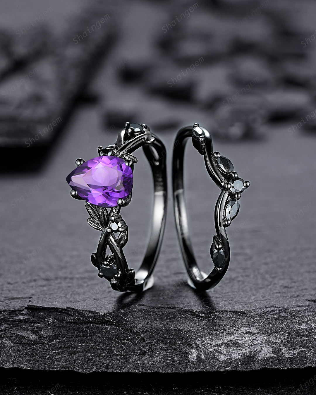 Gothic Pear Cut Amethyst Black Leaf Engagement Ring Set, Black Gold Vine Promise Ring, Rhodium Black Twig Branch Wedding Ring Bridal Set - ShainJewelry