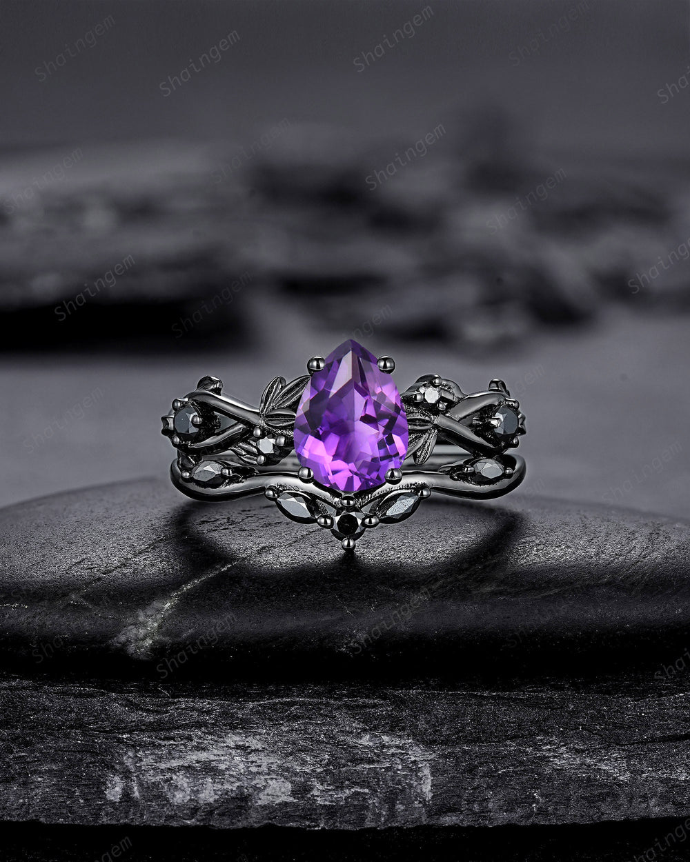 Gothic Pear Cut Amethyst Black Leaf Engagement Ring Set, Black Gold Vine Promise Ring, Rhodium Black Twig Branch Wedding Ring Bridal Set - ShainJewelry