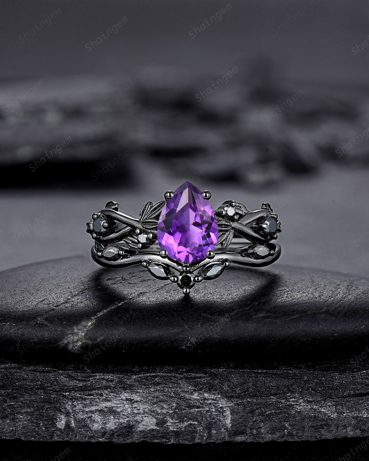 Gothic Pear Cut Amethyst Black Leaf Engagement Ring Set, Black Gold Vine Promise Ring, Rhodium Black Twig Branch Wedding Ring Bridal Set - ShainJewelry