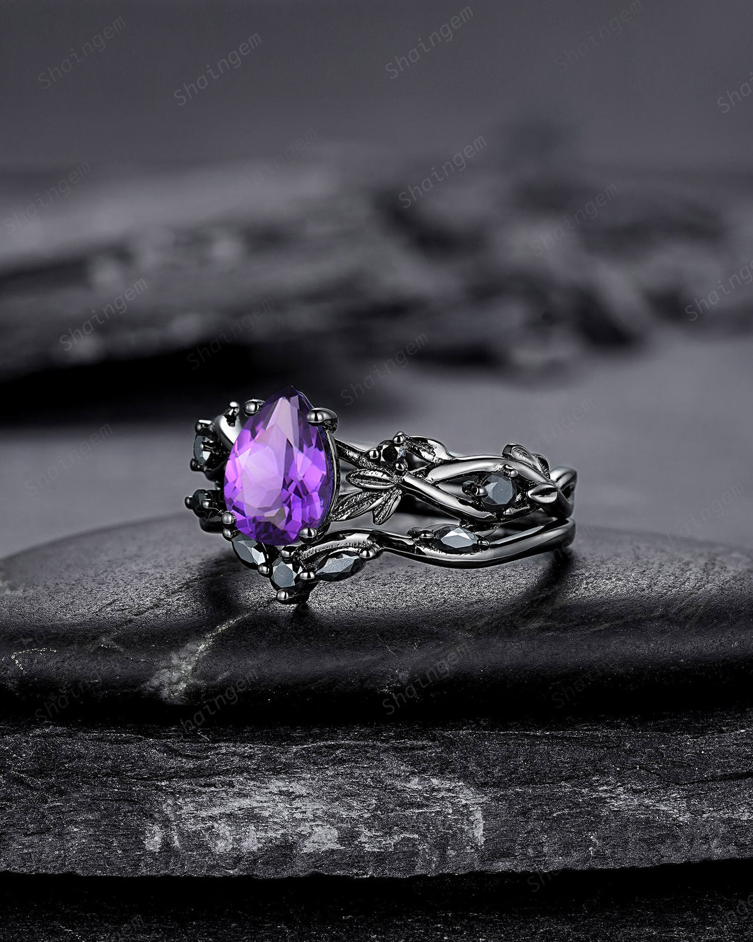 Gothic Pear Cut Amethyst Black Leaf Engagement Ring Set, Black Gold Vine Promise Ring, Rhodium Black Twig Branch Wedding Ring Bridal Set - ShainJewelry