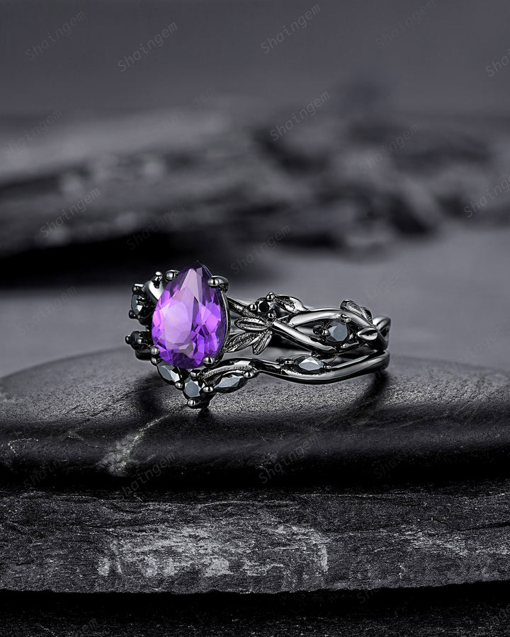 Gothic Pear Cut Amethyst Black Leaf Engagement Ring Set, Black Gold Vine Promise Ring, Rhodium Black Twig Branch Wedding Ring Bridal Set - ShainJewelry