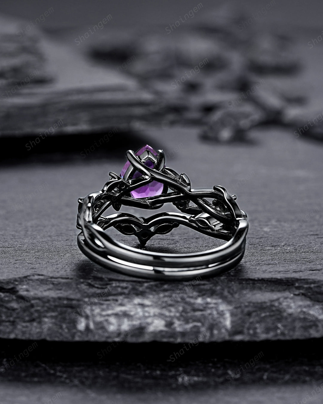 Gothic Pear Cut Amethyst Black Leaf Engagement Ring Set, Black Gold Vine Promise Ring, Rhodium Black Twig Branch Wedding Ring Bridal Set - ShainJewelry
