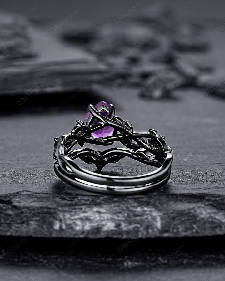 Gothic Pear Cut Amethyst Black Leaf Engagement Ring Set, Black Gold Vine Promise Ring, Rhodium Black Twig Branch Wedding Ring Bridal Set - ShainJewelry