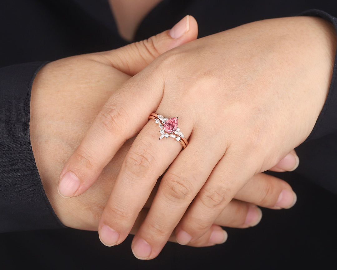 Pear Cut Padparadscha Pink Sapphire and Diamond Bridal Set, Sapphire Engagement Ring Set, Rose Gold Promise Ring Wedding Ring Set for Women - ShainJewelry