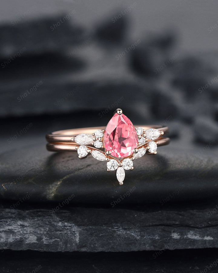 Pear Cut Padparadscha Pink Sapphire and Diamond Bridal Set, Sapphire Engagement Ring Set, Rose Gold Promise Ring Wedding Ring Set for Women - ShainJewelry