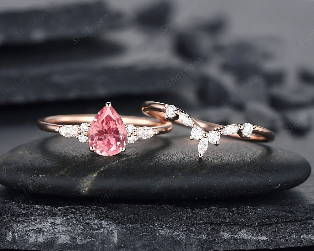 Pear Cut Padparadscha Pink Sapphire and Diamond Bridal Set, Sapphire Engagement Ring Set, Rose Gold Promise Ring Wedding Ring Set for Women - ShainJewelry