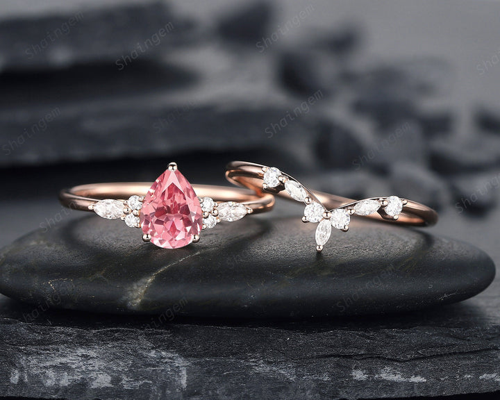 Pear Cut Padparadscha Pink Sapphire and Diamond Bridal Set, Sapphire Engagement Ring Set, Rose Gold Promise Ring Wedding Ring Set for Women - ShainJewelry