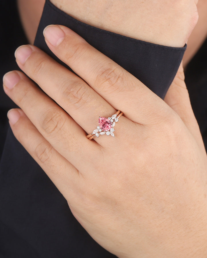 Pear Cut Padparadscha Pink Sapphire and Diamond Bridal Set, Sapphire Engagement Ring Set, Rose Gold Promise Ring Wedding Ring Set for Women - ShainJewelry