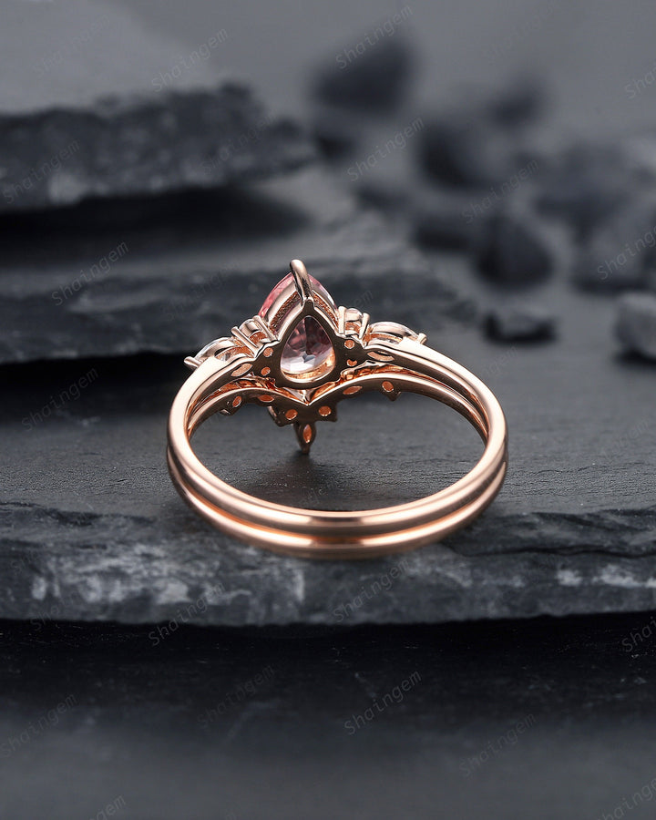 Pear Cut Padparadscha Pink Sapphire and Diamond Bridal Set, Sapphire Engagement Ring Set, Rose Gold Promise Ring Wedding Ring Set for Women - ShainJewelry