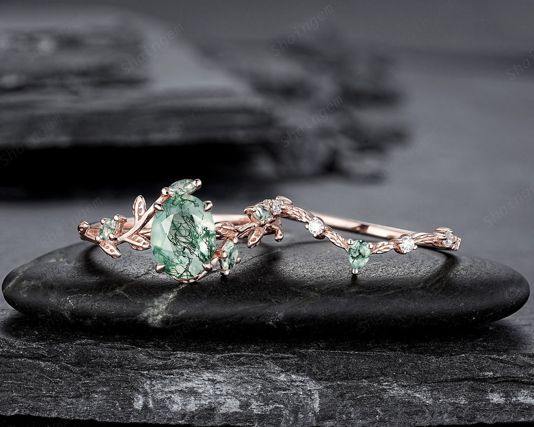Nature Inspired Moss Agate Leaf Engagement Ring Set, Oval Shape Mossy Agate Rose Gold Wedding Set, Twig Branch Bridal Set Anniversary Ring - ShainJewelry