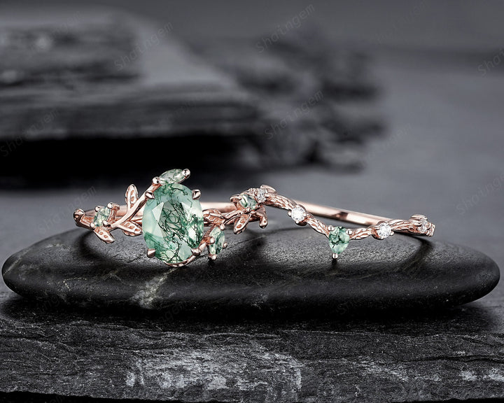 Nature Inspired Moss Agate Leaf Engagement Ring Set, Oval Shape Mossy Agate Rose Gold Wedding Set, Twig Branch Bridal Set Anniversary Ring - ShainJewelry