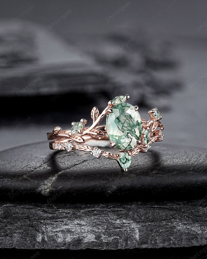 Nature Inspired Moss Agate Leaf Engagement Ring Set, Oval Shape Mossy Agate Rose Gold Wedding Set, Twig Branch Bridal Set Anniversary Ring - ShainJewelry