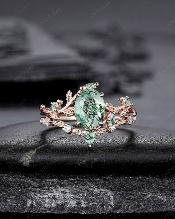 Nature Inspired Moss Agate Leaf Engagement Ring Set, Oval Shape Mossy Agate Rose Gold Wedding Set, Twig Branch Bridal Set Anniversary Ring - ShainJewelry