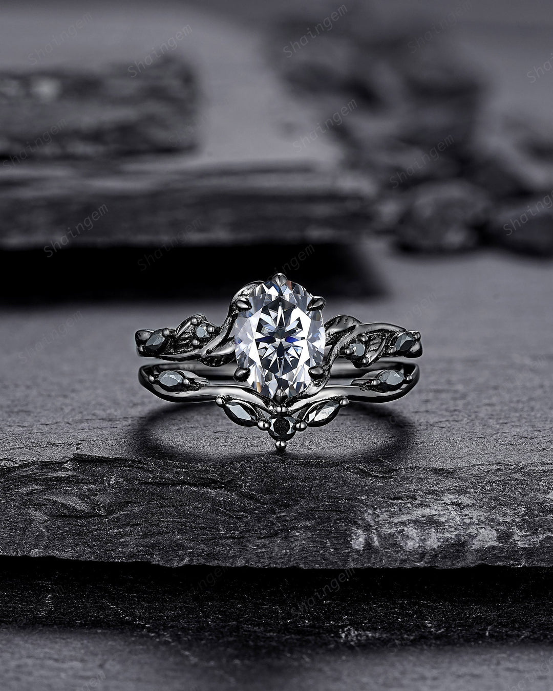 Gothic Black Oval Gray Moissanite Leaf Engagement Ring Set, Black Gold Twig Branch Promise Ring, Punk Rhodium Black Vine Wedding Ring Gift - ShainJewelry