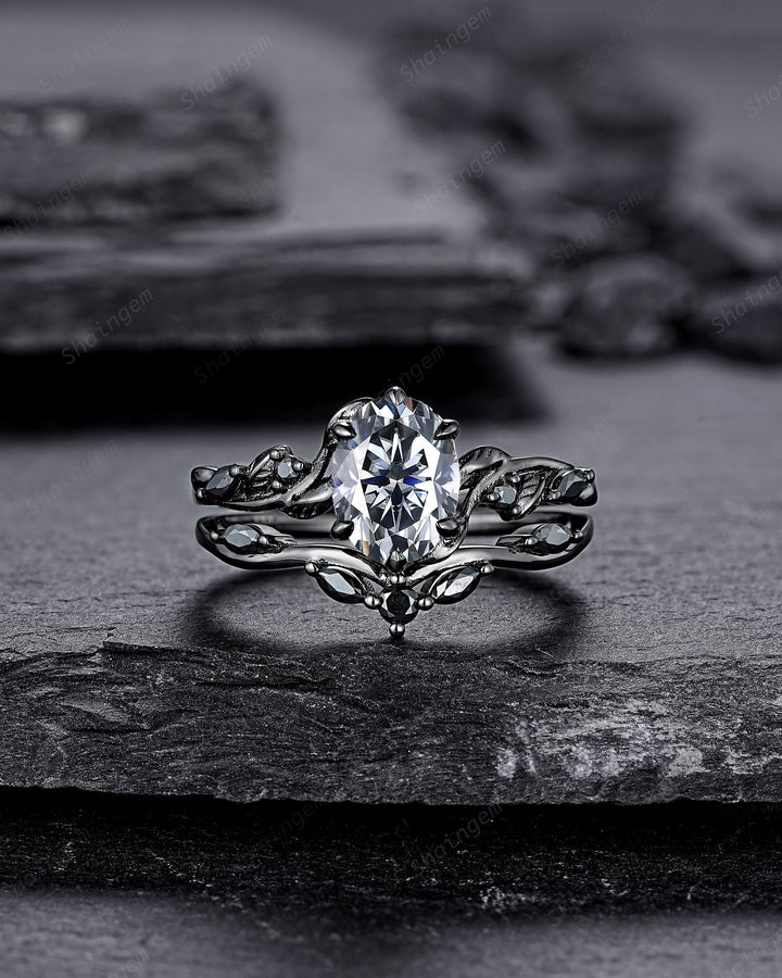 Gothic Black Oval Gray Moissanite Leaf Engagement Ring Set, Black Gold Twig Branch Promise Ring, Punk Rhodium Black Vine Wedding Ring Gift - ShainJewelry
