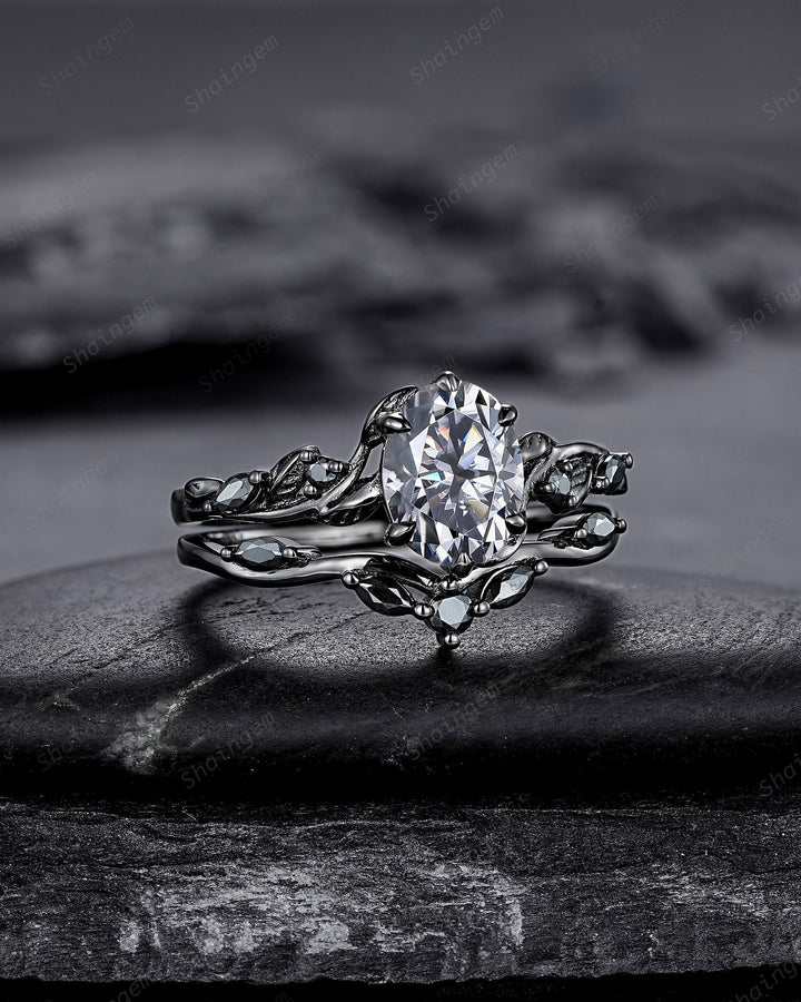 Gothic Black Oval Gray Moissanite Leaf Engagement Ring Set, Black Gold Twig Branch Promise Ring, Punk Rhodium Black Vine Wedding Ring Gift - ShainJewelry