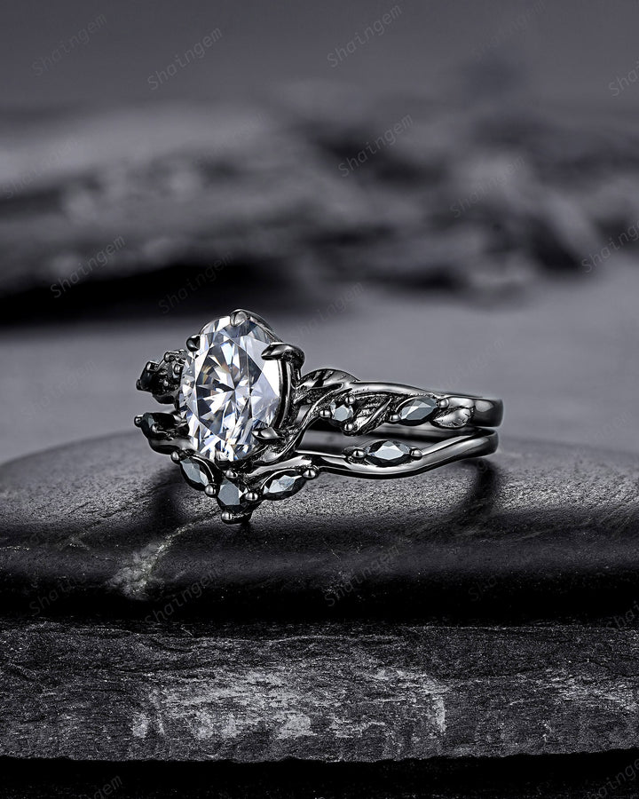 Gothic Black Oval Gray Moissanite Leaf Engagement Ring Set, Black Gold Twig Branch Promise Ring, Punk Rhodium Black Vine Wedding Ring Gift - ShainJewelry