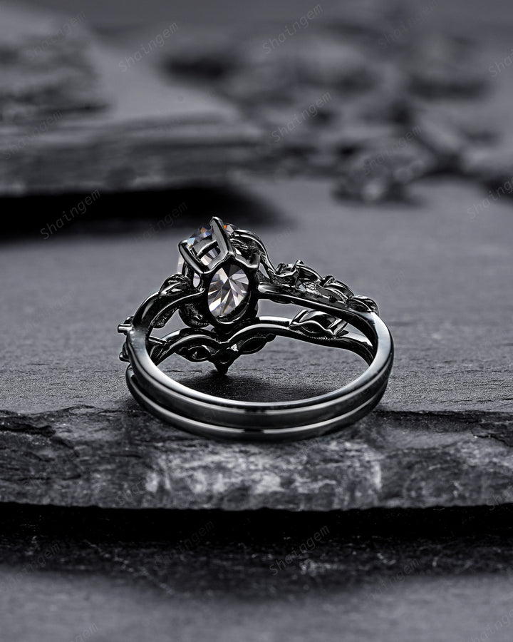 Gothic Black Oval Gray Moissanite Leaf Engagement Ring Set, Black Gold Twig Branch Promise Ring, Punk Rhodium Black Vine Wedding Ring Gift - ShainJewelry