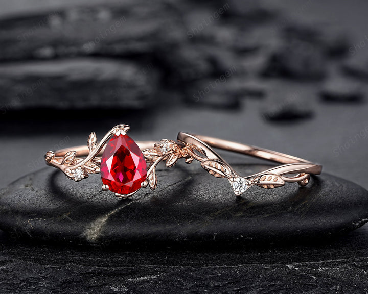 Nature Inspired Pear Shape Ruby Leaf Engagement Ring Set, 14K Rose Gold Twig Branch Promise Ring, Vine Bridal Set Anniversary Gift for Women - ShainJewelry