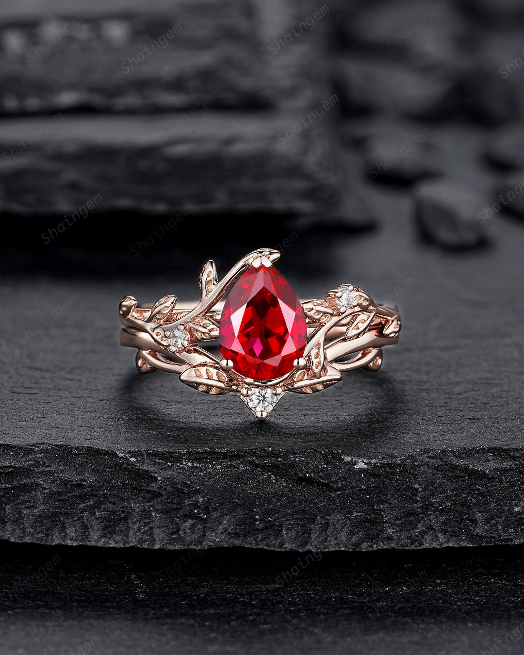 Nature Inspired Pear Shape Ruby Leaf Engagement Ring Set, 14K Rose Gold Twig Branch Promise Ring, Vine Bridal Set Anniversary Gift for Women - ShainJewelry