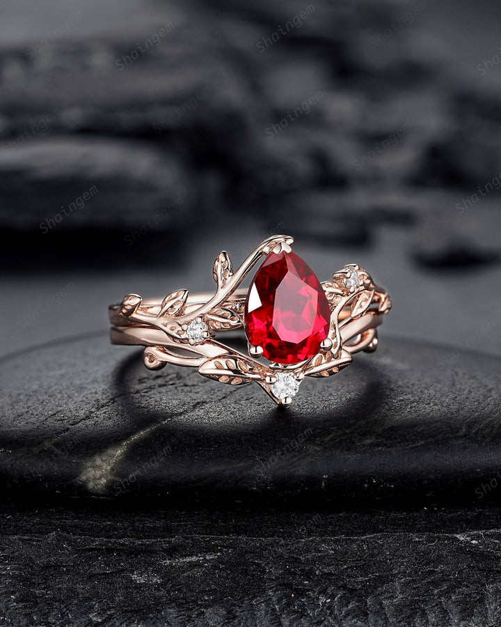 Nature Inspired Pear Shape Ruby Leaf Engagement Ring Set, 14K Rose Gold Twig Branch Promise Ring, Vine Bridal Set Anniversary Gift for Women - ShainJewelry