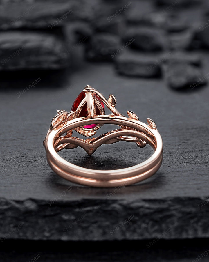 Nature Inspired Pear Shape Ruby Leaf Engagement Ring Set, 14K Rose Gold Twig Branch Promise Ring, Vine Bridal Set Anniversary Gift for Women - ShainJewelry