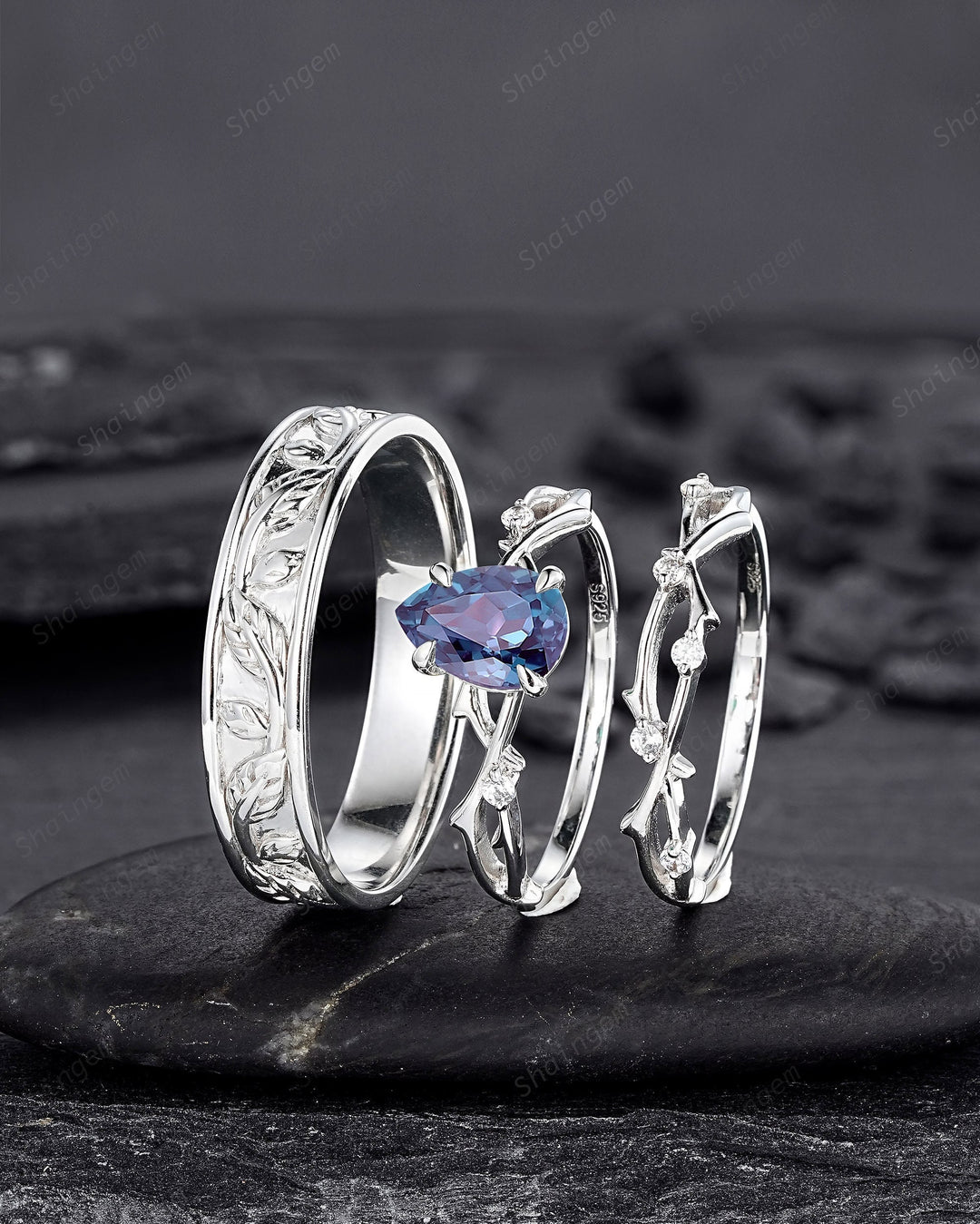3PCS His and Hers Wedding Ring Set, Pear Shape Alexandrite Engagement Ring, 14K White Gold Twig Branch Couple Promise Ring Set, Men's Band