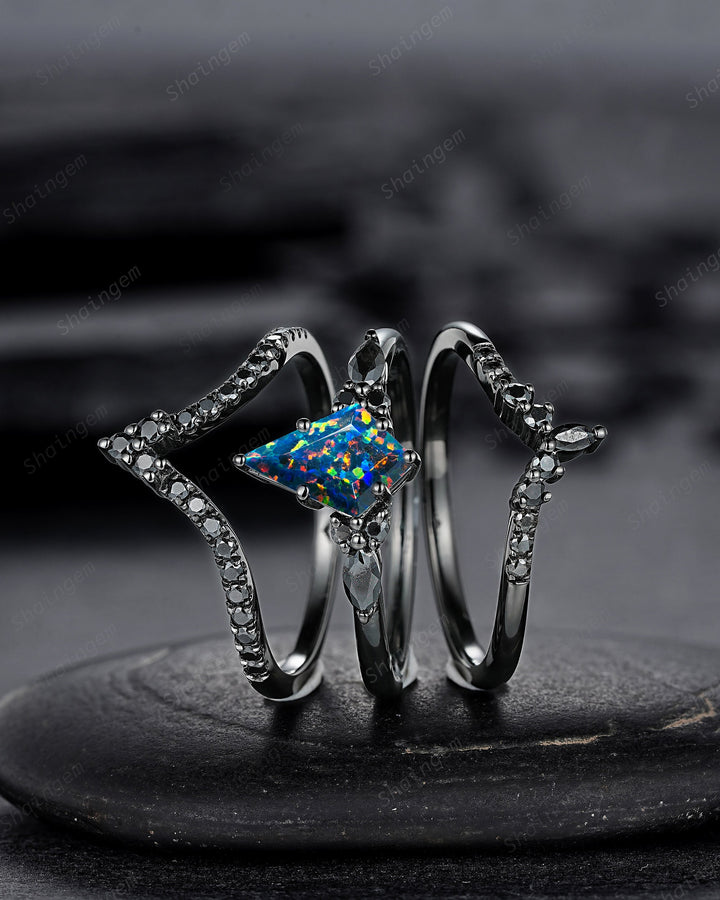 3PCS Gothic Kite Cut Black Opal Engagement Ring Set, Punk Black Gold Dark Promise Ring, Vintage Rhodium Black Wedding Ring Gift for Women - ShainJewelry