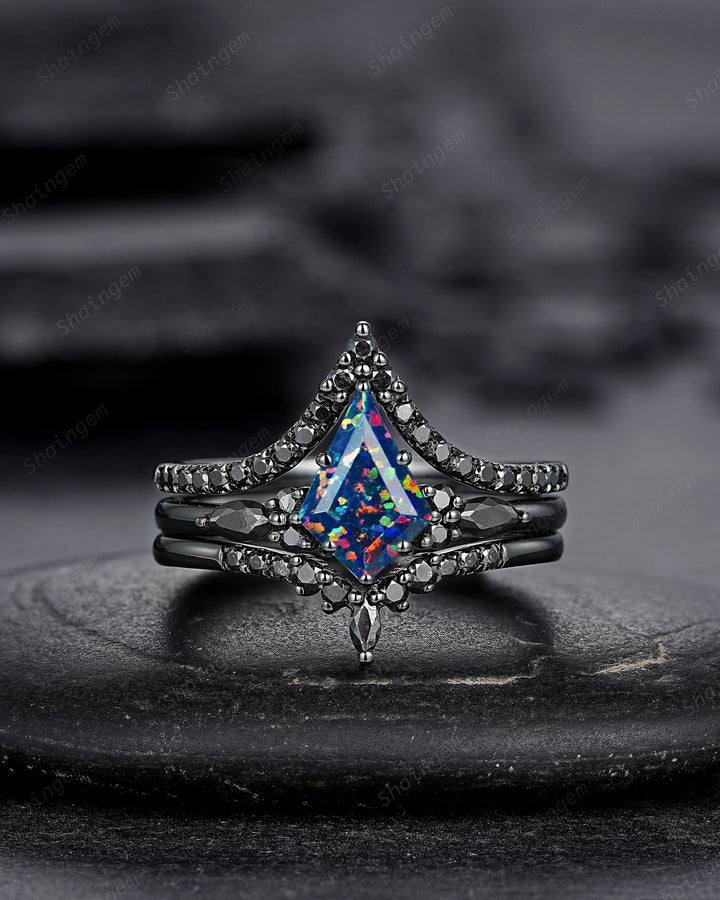 3PCS Gothic Kite Cut Black Opal Engagement Ring Set, Punk Black Gold Dark Promise Ring, Vintage Rhodium Black Wedding Ring Gift for Women - ShainJewelry