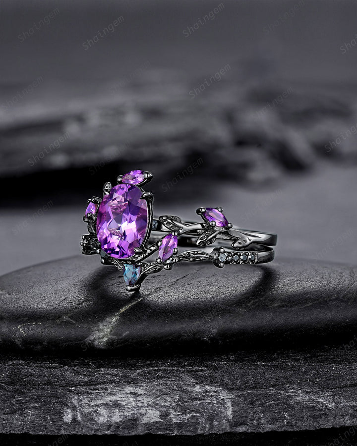Gothic Oval Shape Amethyst Black Engagement Ring Set, Black Gold Leaf Promise Ring Set, Rhodium Black Witchy Twig Branch Ring Bridal Set - ShainJewelry